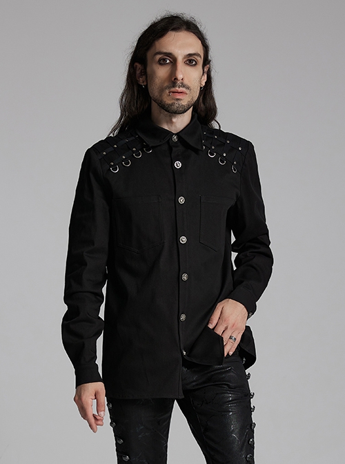Black Slightly Elastic Twill Shoulder Personalized Webbing Rivet Decoration Punk Style Lapel Long Sleeved Shirt