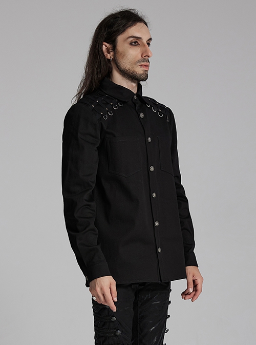 Black Slightly Elastic Twill Shoulder Personalized Webbing Rivet Decoration Punk Style Lapel Long Sleeved Shirt