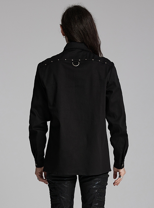 Black Slightly Elastic Twill Shoulder Personalized Webbing Rivet Decoration Punk Style Lapel Long Sleeved Shirt