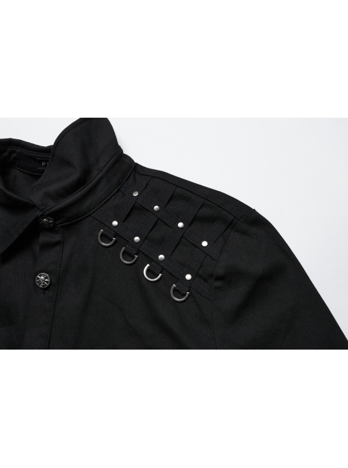 Black Slightly Elastic Twill Shoulder Personalized Webbing Rivet Decoration Punk Style Lapel Long Sleeved Shirt