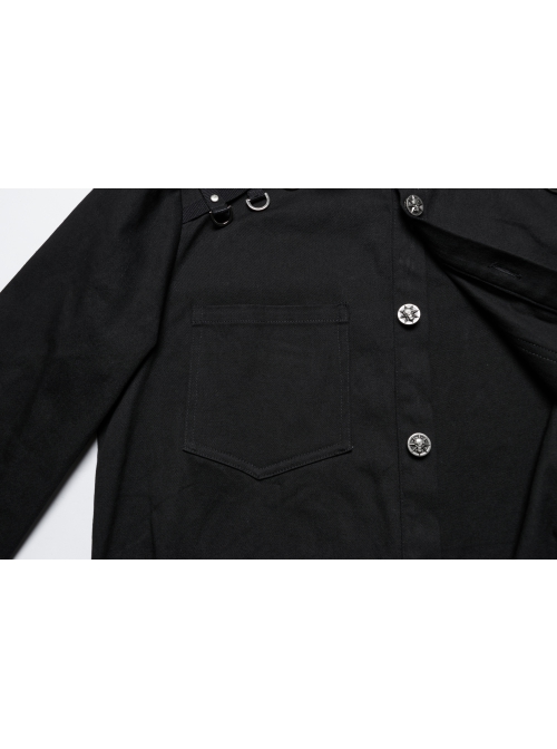Black Slightly Elastic Twill Shoulder Personalized Webbing Rivet Decoration Punk Style Lapel Long Sleeved Shirt