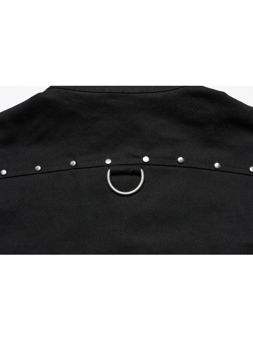Black Slightly Elastic Twill Shoulder Personalized Webbing Rivet Decoration Punk Style Lapel Long Sleeved Shirt