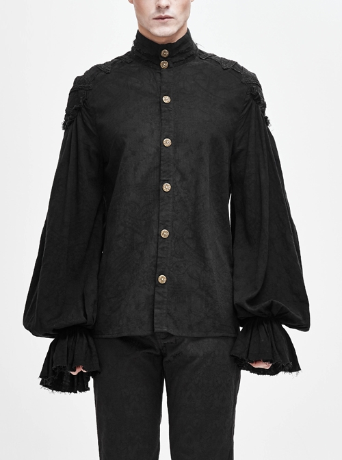 Dark Grain Jacquard Shoulder Braid Attached Puff Sleeve Rough Selvedge Black Punk Shirts