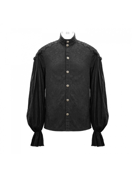 Dark Grain Jacquard Shoulder Braid Attached Puff Sleeve Rough Selvedge Black Punk Shirts