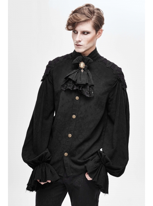 Dark Grain Jacquard Shoulder Braid Attached Puff Sleeve Rough Selvedge Black Punk Shirts