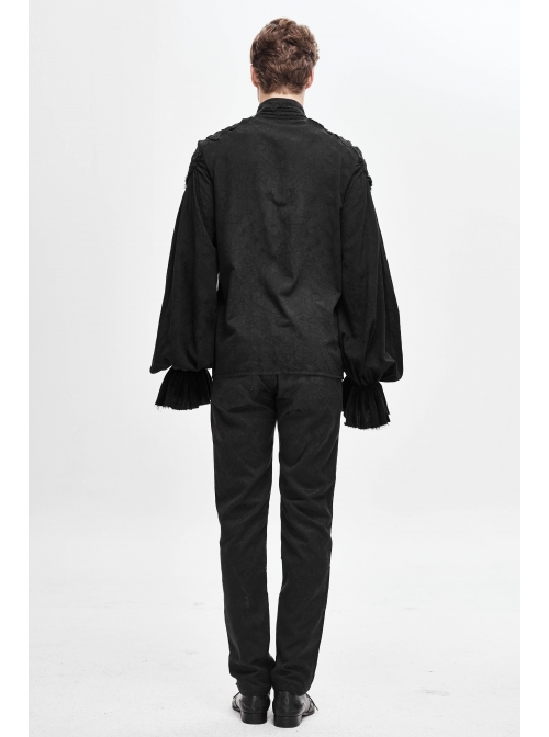 Dark Grain Jacquard Shoulder Braid Attached Puff Sleeve Rough Selvedge Black Punk Shirts