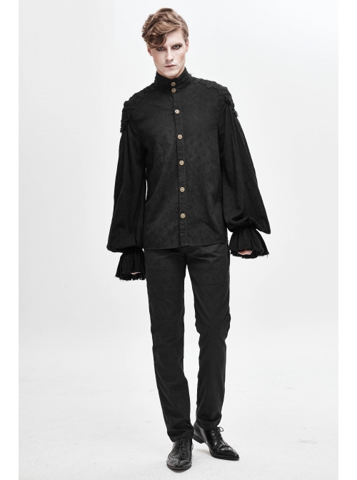 Dark Grain Jacquard Shoulder Braid Attached Puff Sleeve Rough Selvedge Black Punk Shirts