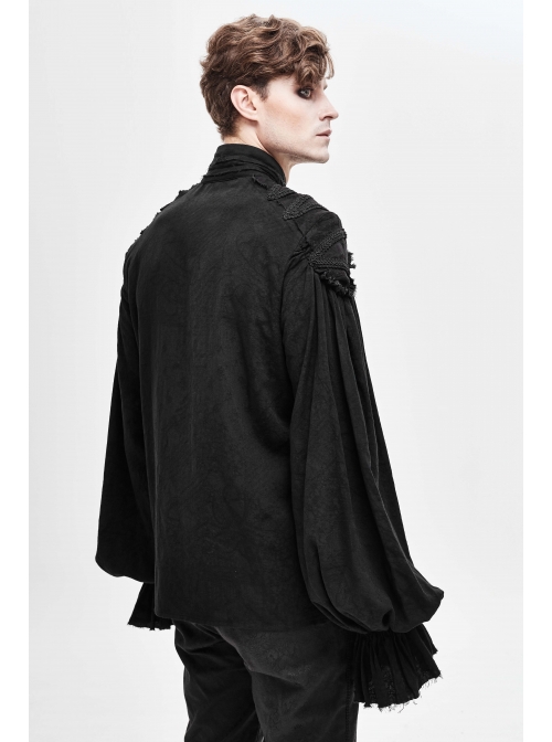 Dark Grain Jacquard Shoulder Braid Attached Puff Sleeve Rough Selvedge Black Punk Shirts