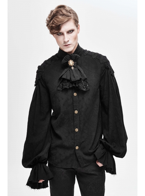 Dark Grain Jacquard Shoulder Braid Attached Puff Sleeve Rough Selvedge Black Punk Shirts