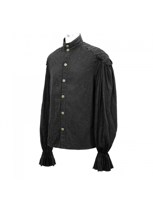 Dark Grain Jacquard Shoulder Braid Attached Puff Sleeve Rough Selvedge Black Punk Shirts