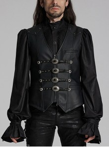 Gorgeous Black Three Dimensional Imitation Leather Shoulder V-Shaped Split Front Double Button Metal Buckle With Rivet Decoration Gothic Style Retro Vest