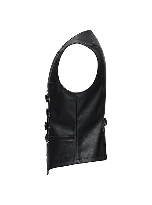 Gorgeous Black Three Dimensional Imitation Leather Shoulder V-Shaped Split Front Double Button Metal Buckle With Rivet Decoration Gothic Style Retro Vest