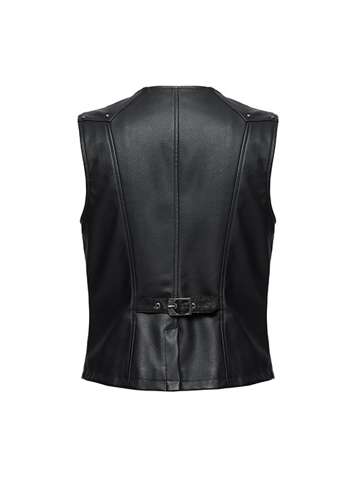 Gorgeous Black Three Dimensional Imitation Leather Shoulder V-Shaped Split Front Double Button Metal Buckle With Rivet Decoration Gothic Style Retro Vest