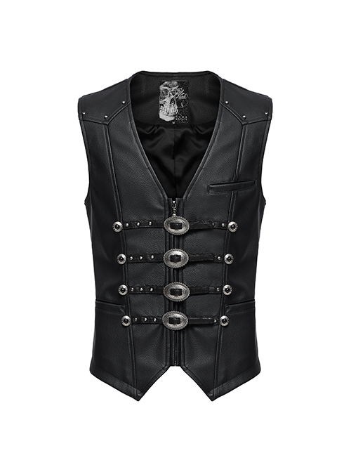 Gorgeous Black Three Dimensional Imitation Leather Shoulder V-Shaped Split Front Double Button Metal Buckle With Rivet Decoration Gothic Style Retro Vest