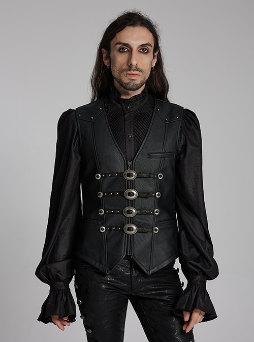 Gorgeous Black Three Dimensional Imitation Leather Shoulder V-Shaped Split Front Double Button Metal Buckle With Rivet Decoration Gothic Style Retro Vest