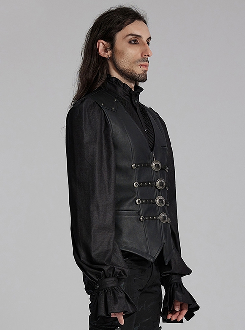 Gorgeous Black Three Dimensional Imitation Leather Shoulder V-Shaped Split Front Double Button Metal Buckle With Rivet Decoration Gothic Style Retro Vest