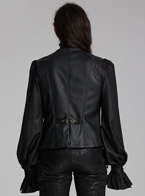 Gorgeous Black Three Dimensional Imitation Leather Shoulder V-Shaped Split Front Double Button Metal Buckle With Rivet Decoration Gothic Style Retro Vest