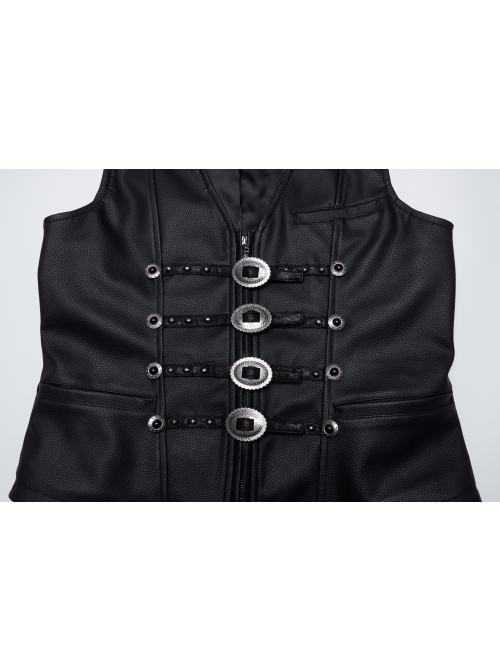 Gorgeous Black Three Dimensional Imitation Leather Shoulder V-Shaped Split Front Double Button Metal Buckle With Rivet Decoration Gothic Style Retro Vest