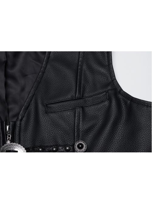 Gorgeous Black Three Dimensional Imitation Leather Shoulder V-Shaped Split Front Double Button Metal Buckle With Rivet Decoration Gothic Style Retro Vest
