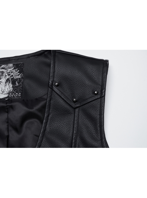 Gorgeous Black Three Dimensional Imitation Leather Shoulder V-Shaped Split Front Double Button Metal Buckle With Rivet Decoration Gothic Style Retro Vest