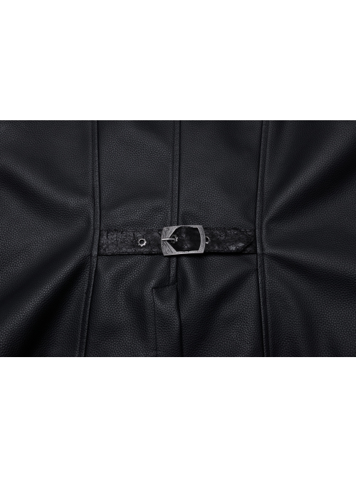 Gorgeous Black Three Dimensional Imitation Leather Shoulder V-Shaped Split Front Double Button Metal Buckle With Rivet Decoration Gothic Style Retro Vest