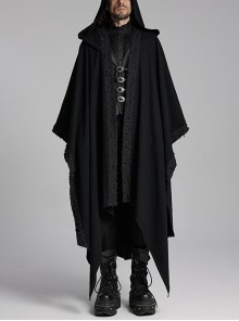 Black Loose Non Stretch Twill Hole Woven With Irregular Pointed Hem Punk Style Hooded Jacket