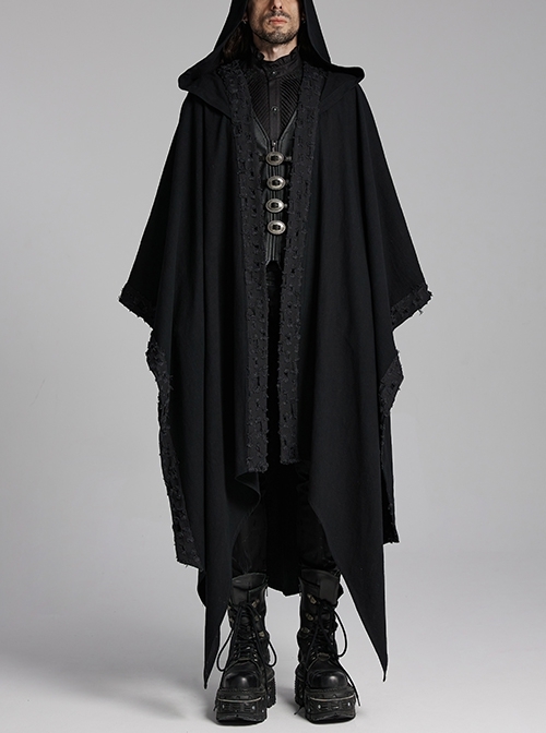 Black Loose Non Stretch Twill Hole Woven With Irregular Pointed Hem Punk Style Hooded Jacket