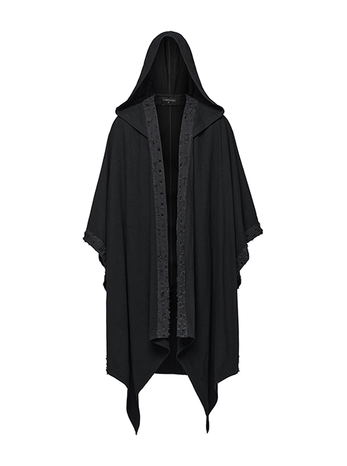 Black Loose Non Stretch Twill Hole Woven With Irregular Pointed Hem Punk Style Hooded Jacket
