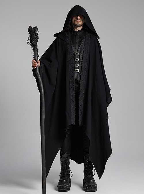 Black Loose Non Stretch Twill Hole Woven With Irregular Pointed Hem Punk Style Hooded Jacket