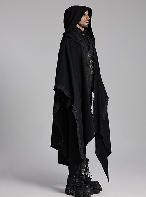 Black Loose Non Stretch Twill Hole Woven With Irregular Pointed Hem Punk Style Hooded Jacket