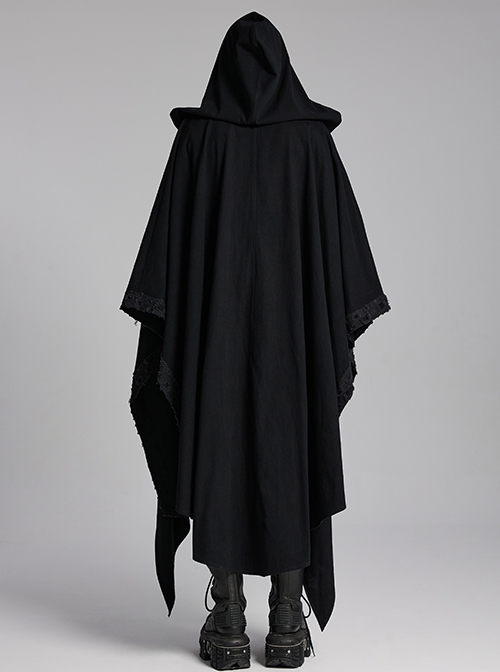 Black Loose Non Stretch Twill Hole Woven With Irregular Pointed Hem Punk Style Hooded Jacket