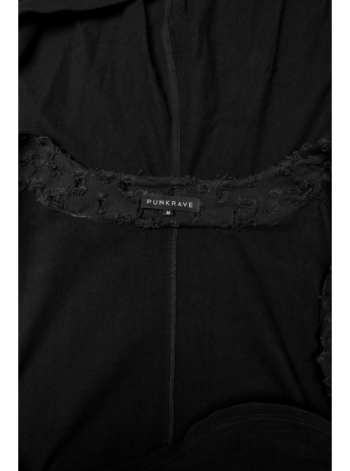 Black Loose Non Stretch Twill Hole Woven With Irregular Pointed Hem Punk Style Hooded Jacket