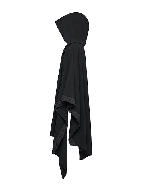 Black Loose Non Stretch Twill Hole Woven With Irregular Pointed Hem Punk Style Hooded Jacket