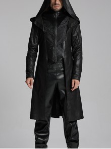 Personalized Black Cracked Leather Splicing Pleated Jacquard Woven With Adjustable Back Waist Design Gothic Style Hooded Long Sleeved Jacket