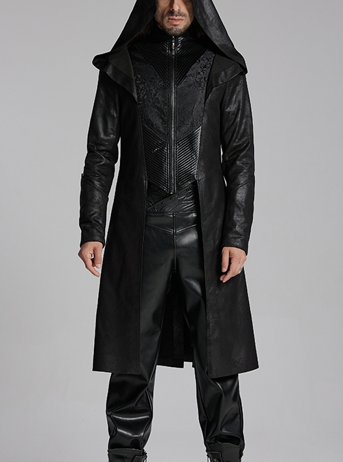Personalized Black Cracked Leather Splicing Pleated Jacquard Woven With Adjustable Back Waist Design Gothic Style Hooded Long Sleeved Jacket