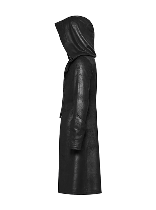 Personalized Black Cracked Leather Splicing Pleated Jacquard Woven With Adjustable Back Waist Design Gothic Style Hooded Long Sleeved Jacket