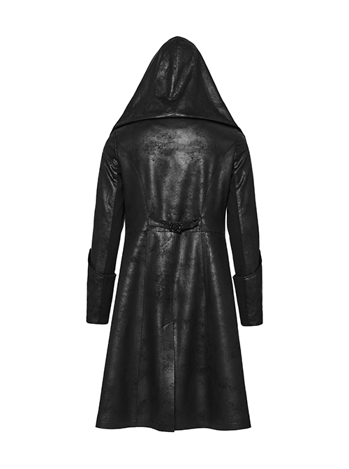 Personalized Black Cracked Leather Splicing Pleated Jacquard Woven With Adjustable Back Waist Design Gothic Style Hooded Long Sleeved Jacket