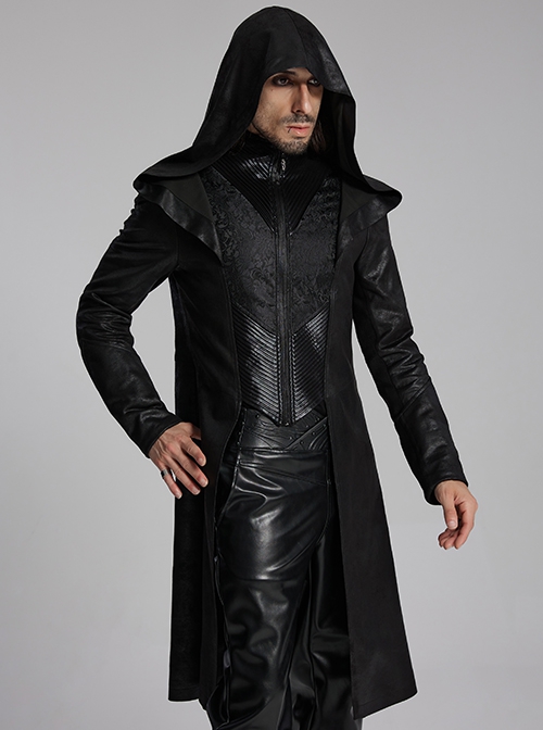 Personalized Black Cracked Leather Splicing Pleated Jacquard Woven With Adjustable Back Waist Design Gothic Style Hooded Long Sleeved Jacket