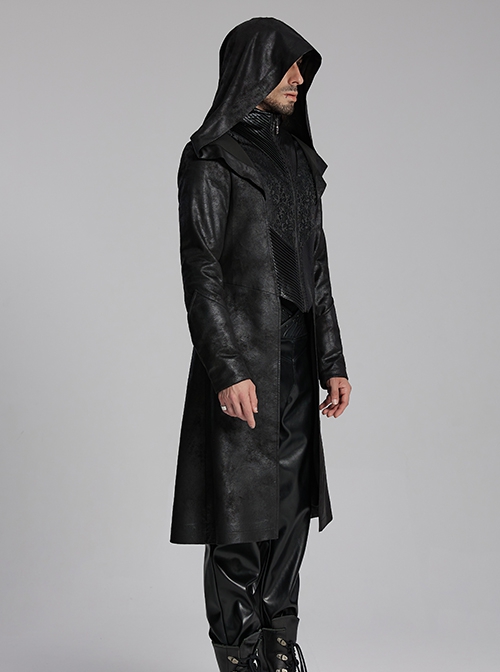 Personalized Black Cracked Leather Splicing Pleated Jacquard Woven With Adjustable Back Waist Design Gothic Style Hooded Long Sleeved Jacket