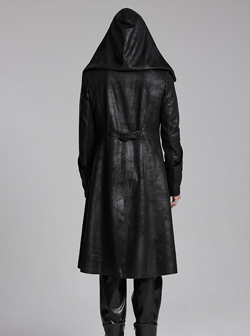 Personalized Black Cracked Leather Splicing Pleated Jacquard Woven With Adjustable Back Waist Design Gothic Style Hooded Long Sleeved Jacket