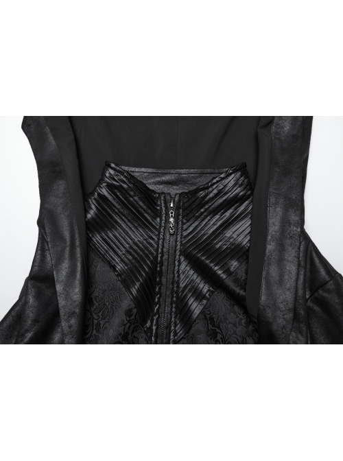 Personalized Black Cracked Leather Splicing Pleated Jacquard Woven With Adjustable Back Waist Design Gothic Style Hooded Long Sleeved Jacket