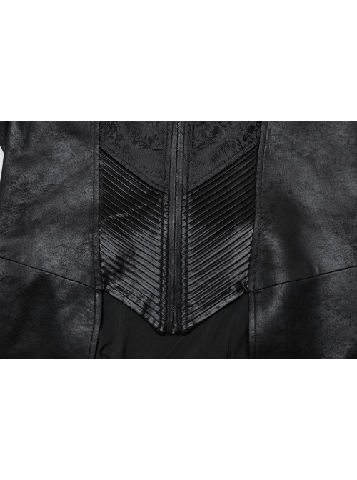 Personalized Black Cracked Leather Splicing Pleated Jacquard Woven With Adjustable Back Waist Design Gothic Style Hooded Long Sleeved Jacket