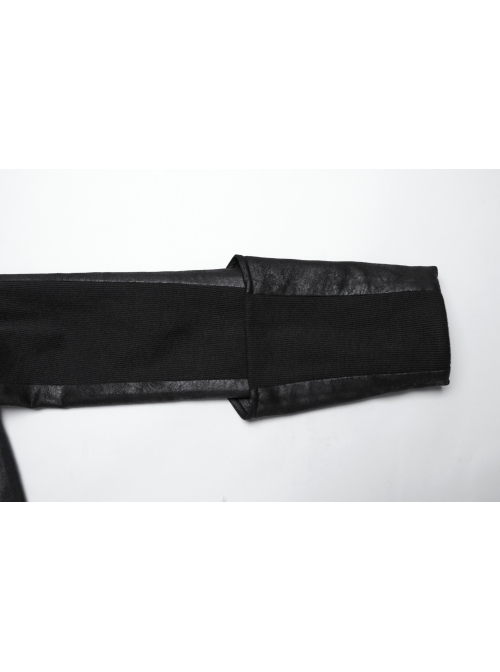 Personalized Black Cracked Leather Splicing Pleated Jacquard Woven With Adjustable Back Waist Design Gothic Style Hooded Long Sleeved Jacket