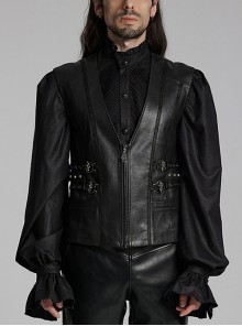 Medieval Simple Black Imitation Leather Side Snake Buckle With Rivet Decoration Gothic Style Three Dimensional V Neck Vest