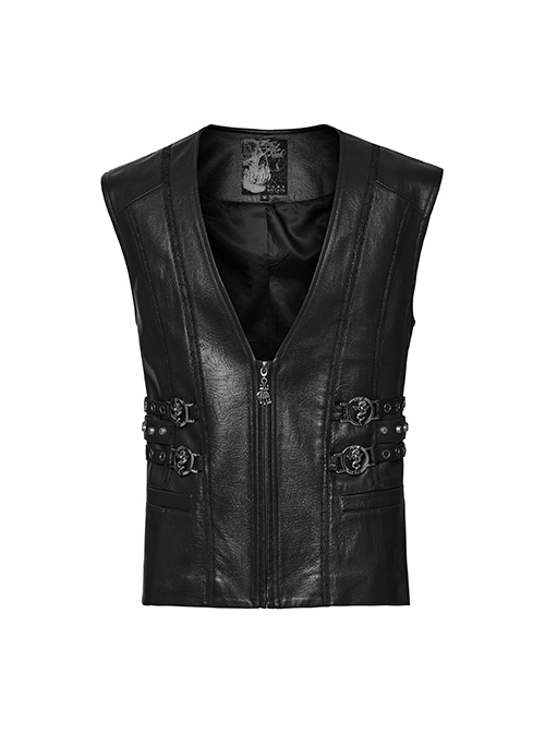 Medieval Simple Black Imitation Leather Side Snake Buckle With Rivet Decoration Gothic Style Three Dimensional V Neck Vest