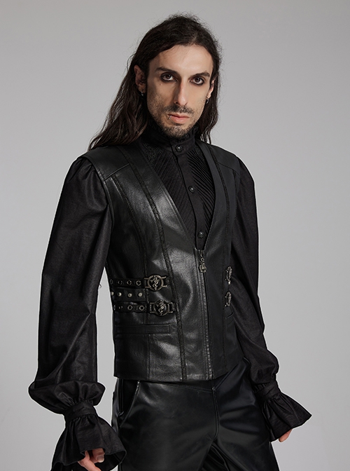 Medieval Simple Black Imitation Leather Side Snake Buckle With Rivet Decoration Gothic Style Three Dimensional V Neck Vest