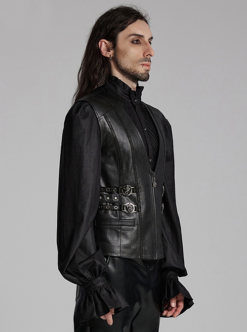 Medieval Simple Black Imitation Leather Side Snake Buckle With Rivet Decoration Gothic Style Three Dimensional V Neck Vest
