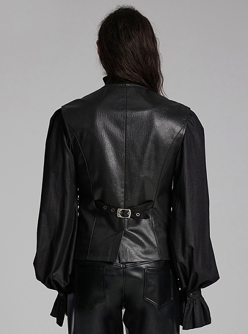 Medieval Simple Black Imitation Leather Side Snake Buckle With Rivet Decoration Gothic Style Three Dimensional V Neck Vest