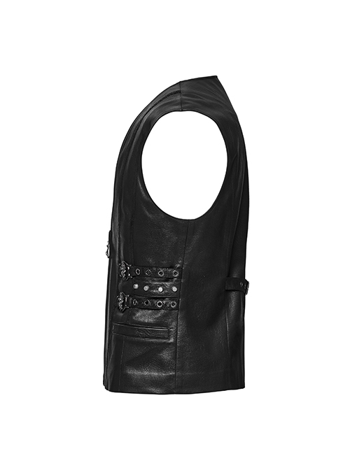 Medieval Simple Black Imitation Leather Side Snake Buckle With Rivet Decoration Gothic Style Three Dimensional V Neck Vest
