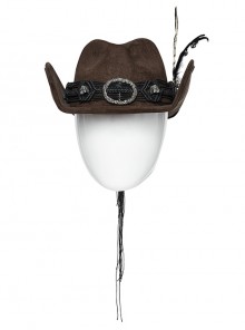 Classic Brown Suede Fabric With Retro Skull Tassel Side Feather Decoration Punk Style Cowboy Hat